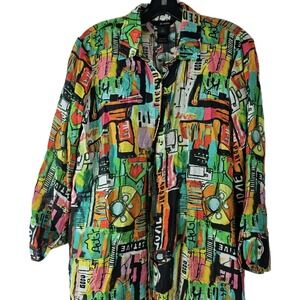 Ali‎ Miles Small Art-to-Wear White Colorful Top Blouse Boho Graphic Lagenlook